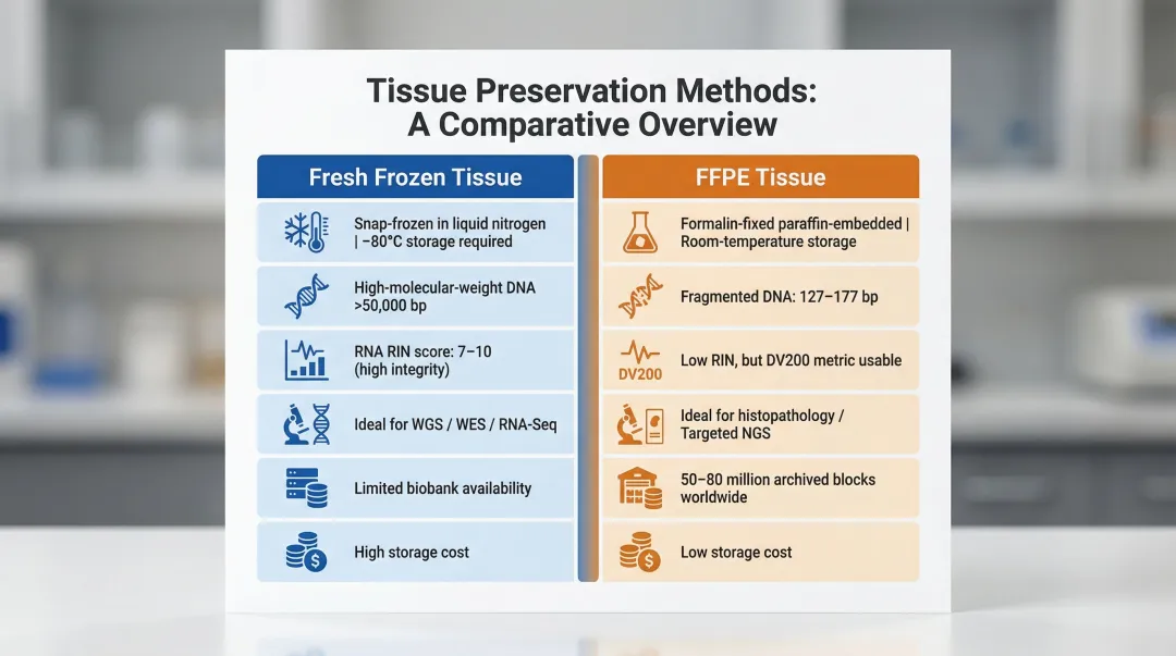 Fresh frozen tissue versus FFPE tissue side-by-side comparison infographic
