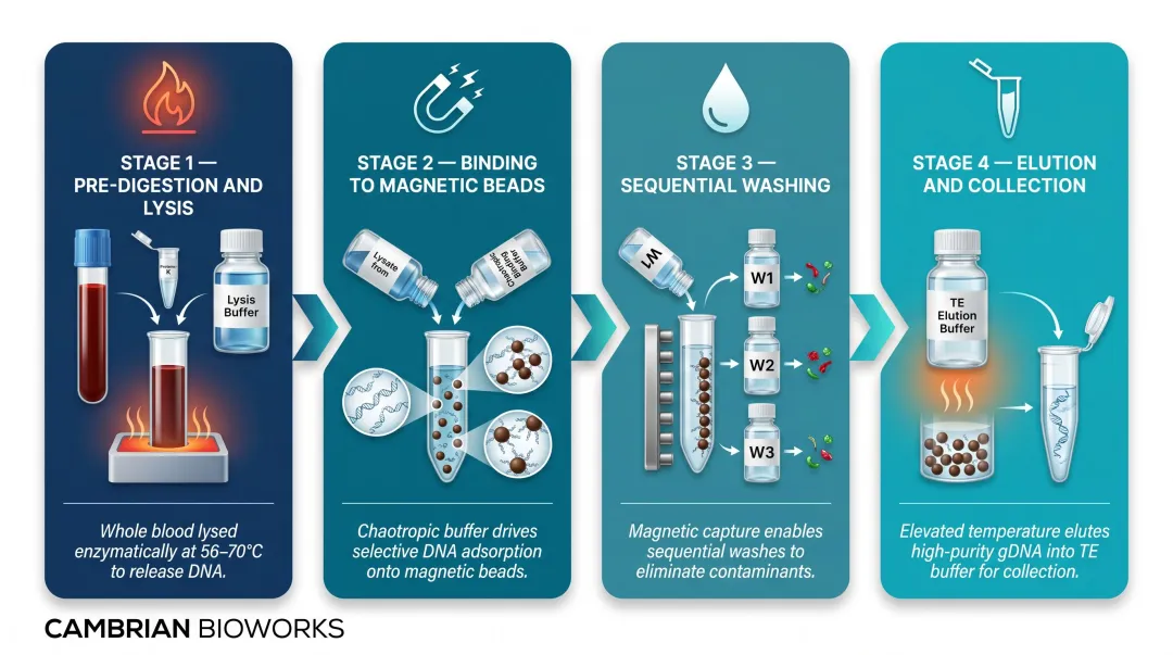 Four-stage automated genomic DNA extraction process flow from lysis to elution