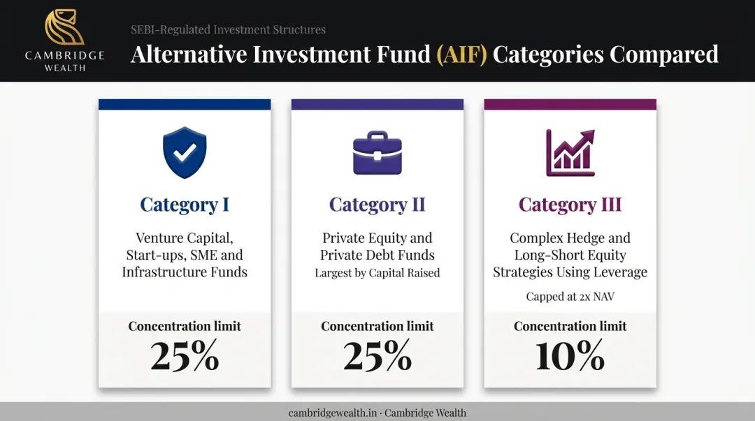 Three AIF categories comparison showing venture capital private equity and hedge fund strategies