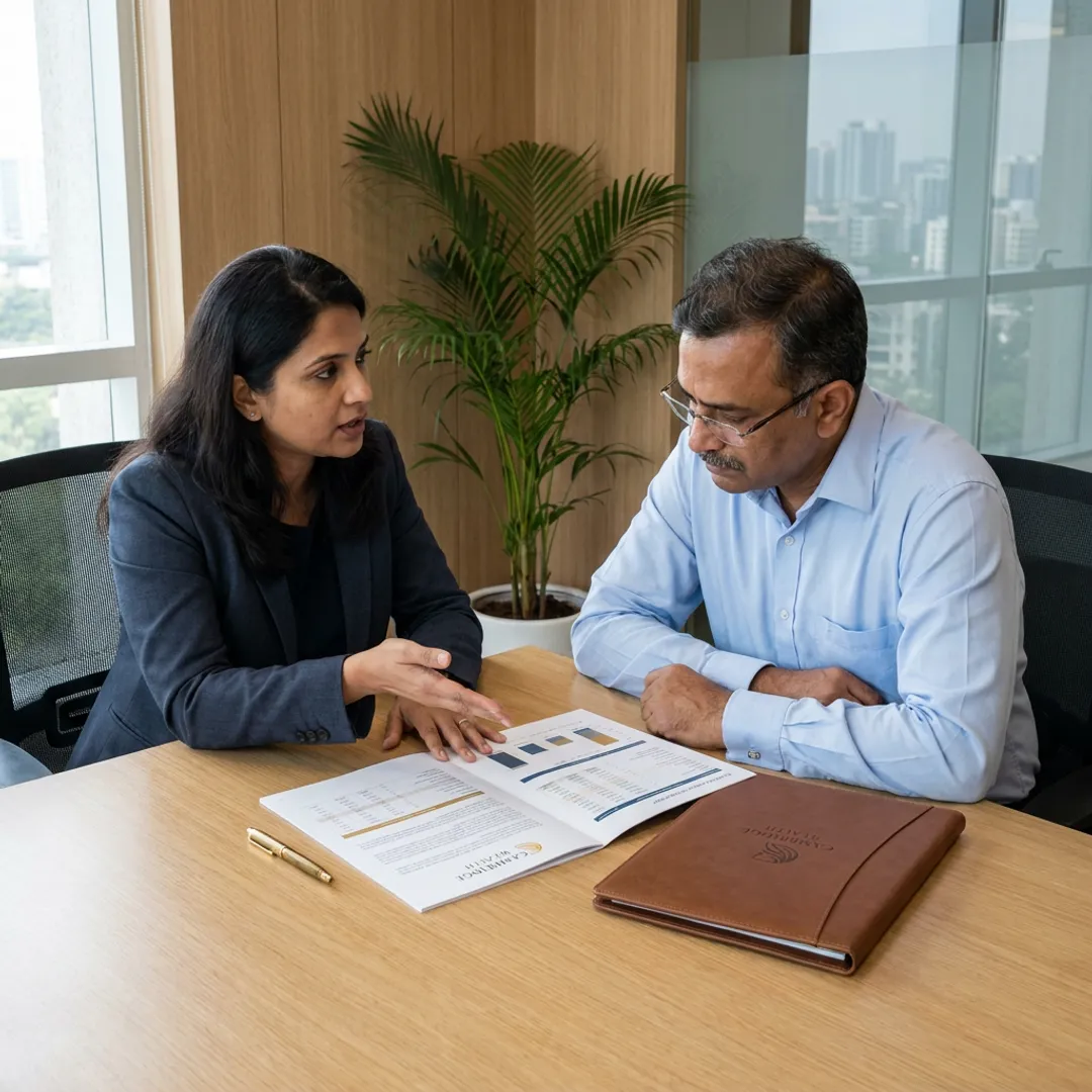 Investor reviewing AIF category documentation with a mutual fund distributor