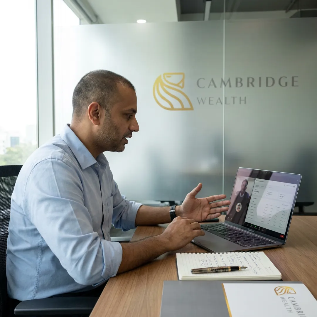 NRI reviewing an India investment portfolio with a mutual fund distributor
