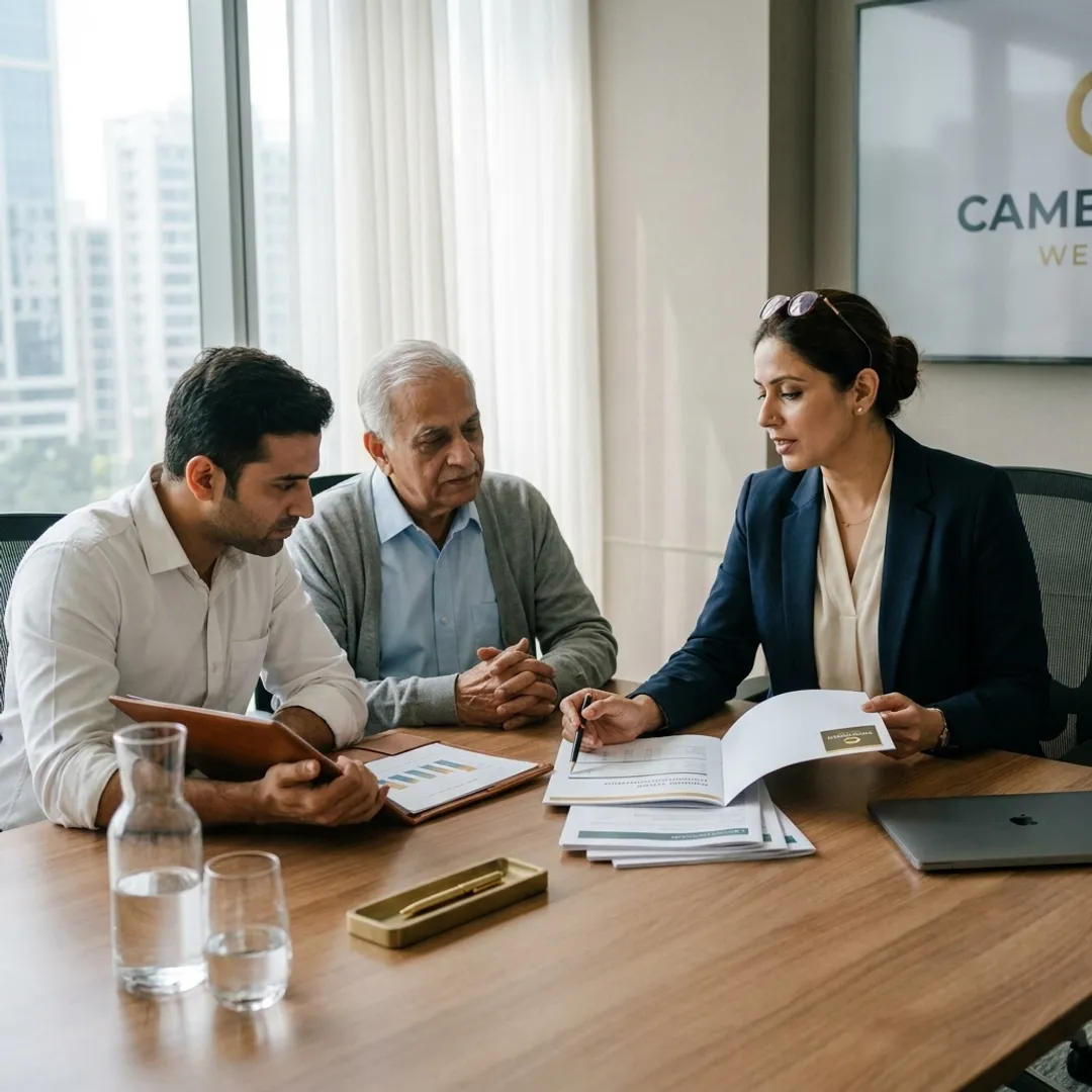Family reviewing an India investment portfolio with a mutual fund distributor