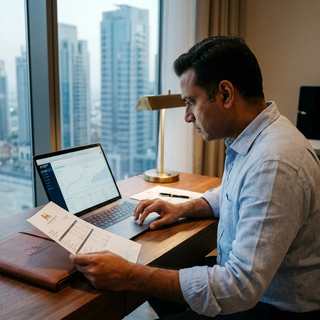 NRI reviewing real-estate-backed investment categories with a mutual fund distributor