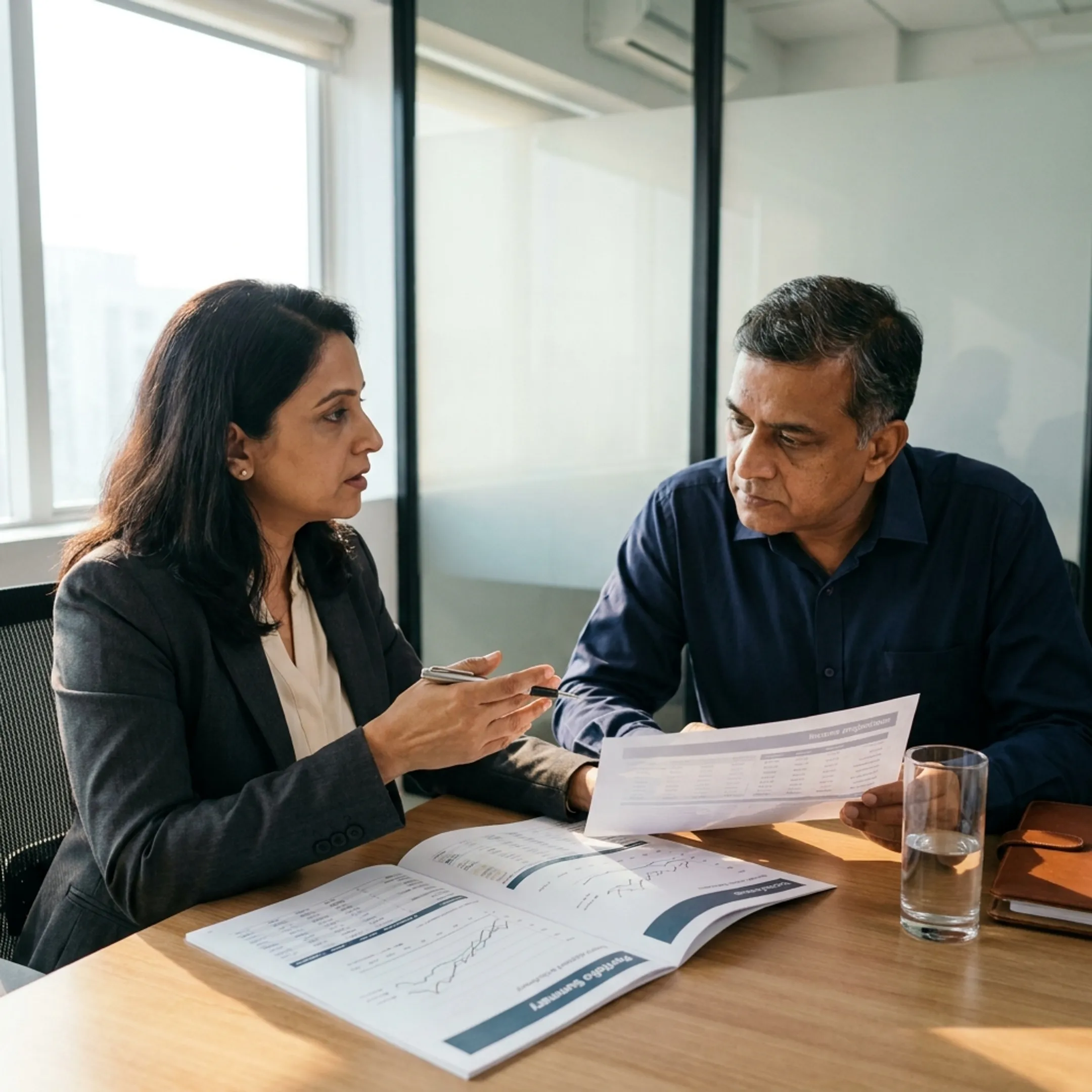 Investor reviewing monthly income mutual fund options