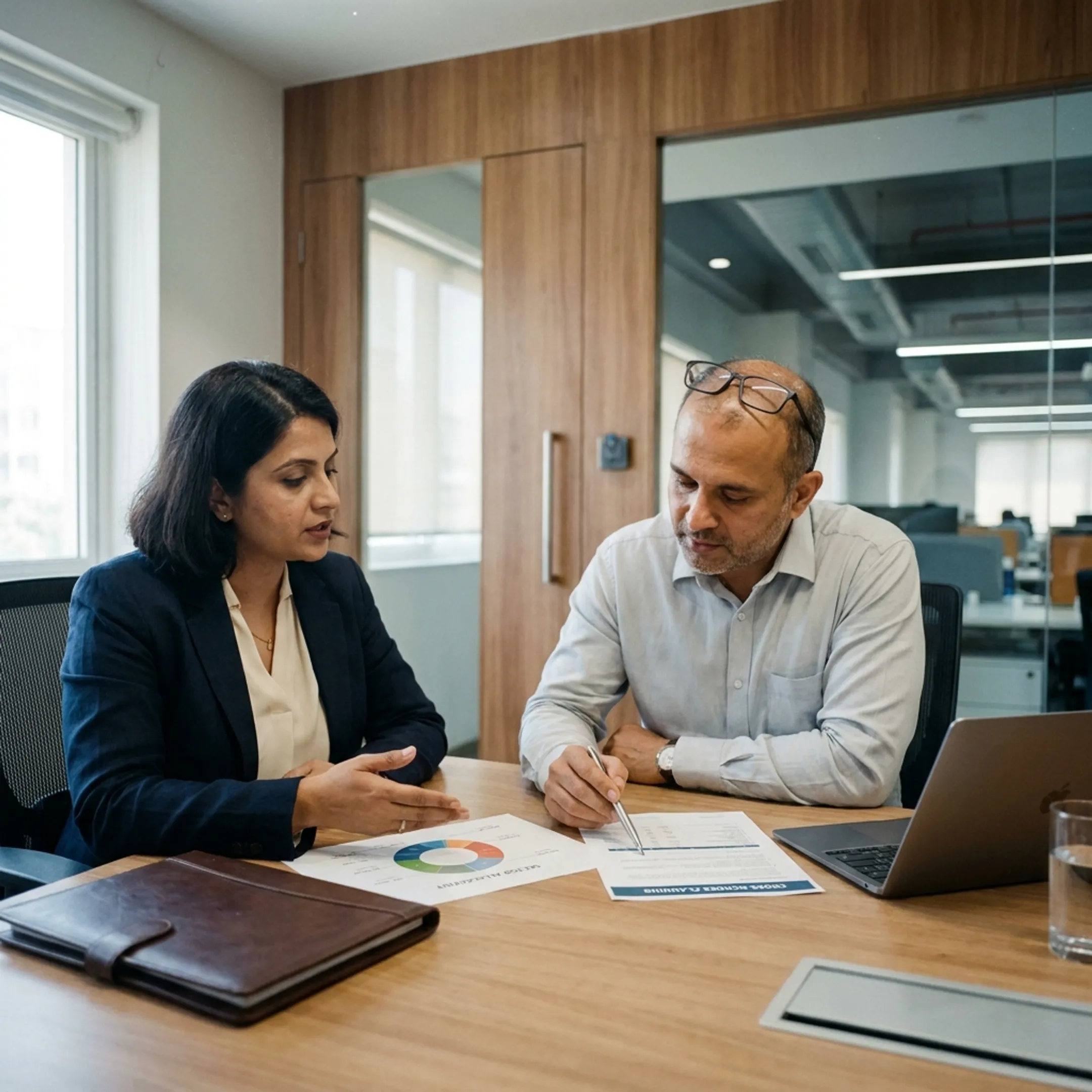 Clients reviewing global family portfolio documents