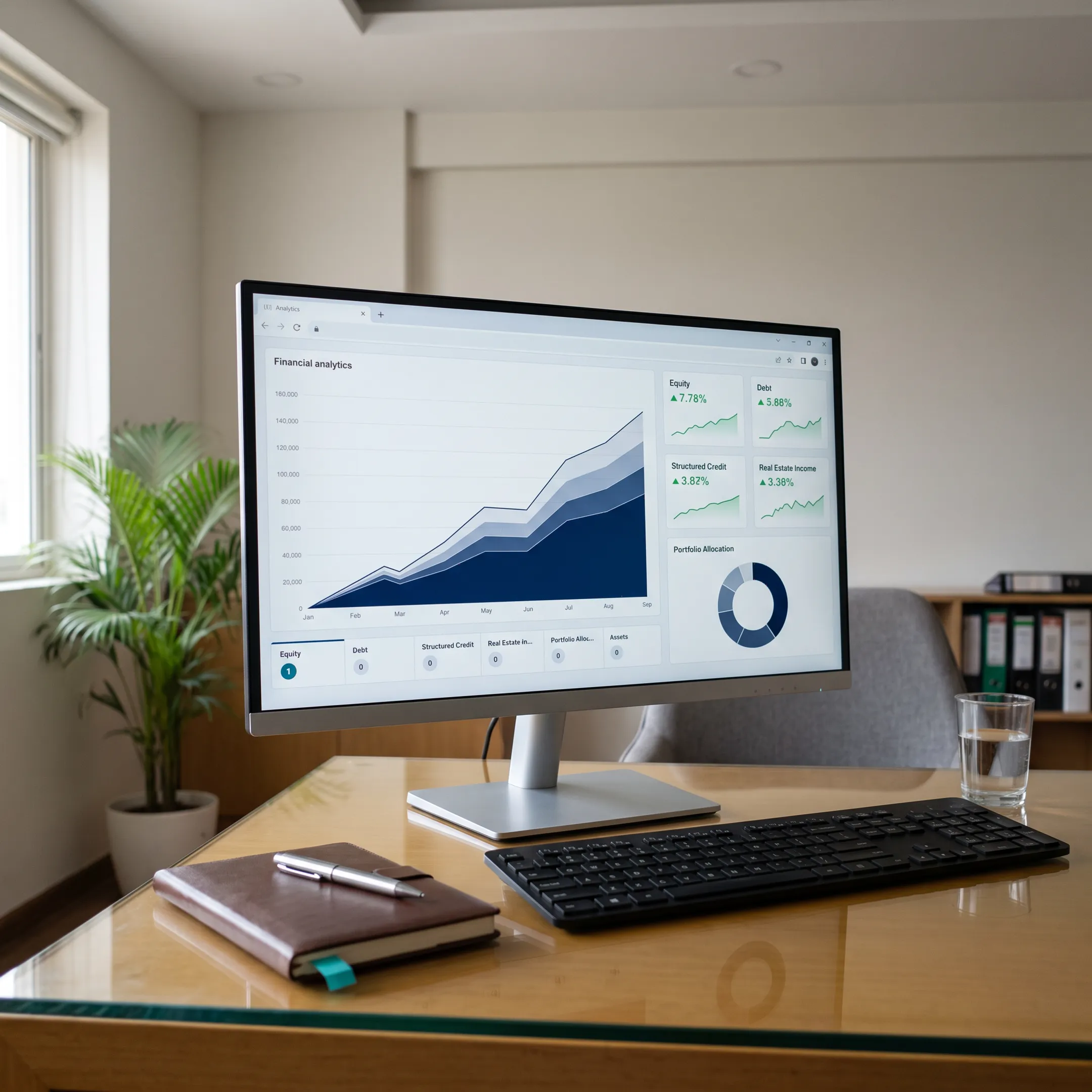 Stock market charts and financial data analytics on a high-tech screen
