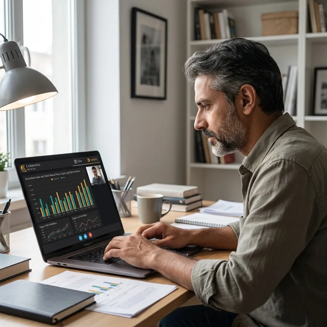 NRI investor reviewing India and global holdings with a mutual fund distributor