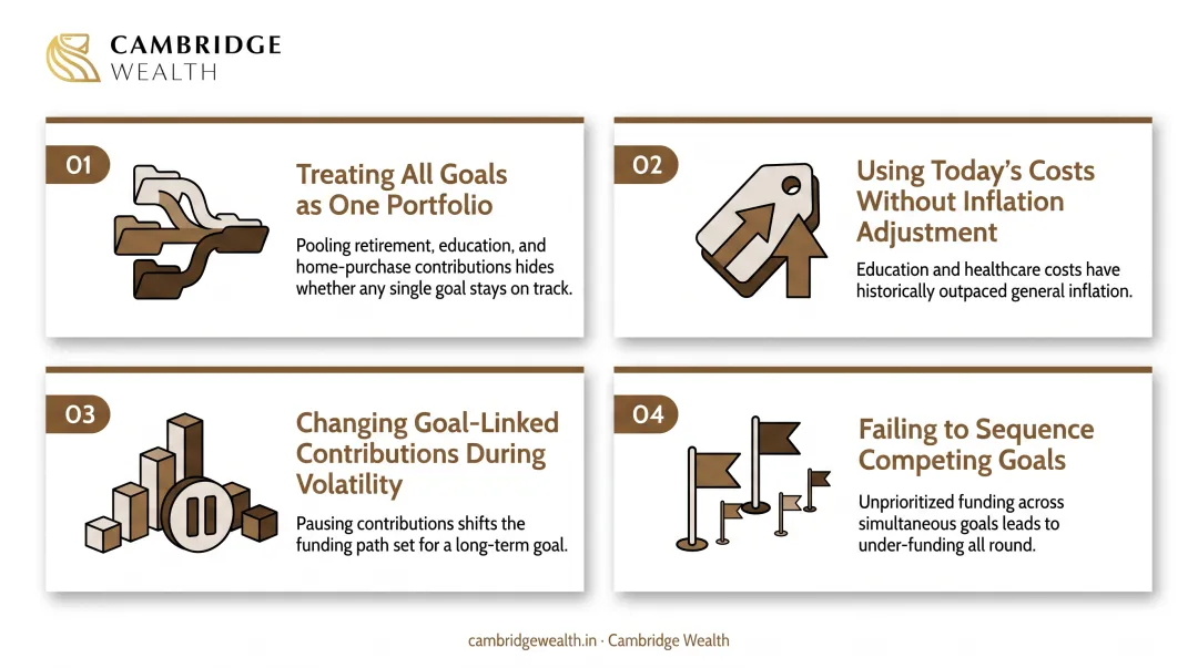 Infographic: five common pitfalls in goal-linked investing — unrealistic goal sizing, ignoring inflation, emotional selling during corrections, mixing goal funds, and inaction among NRIs