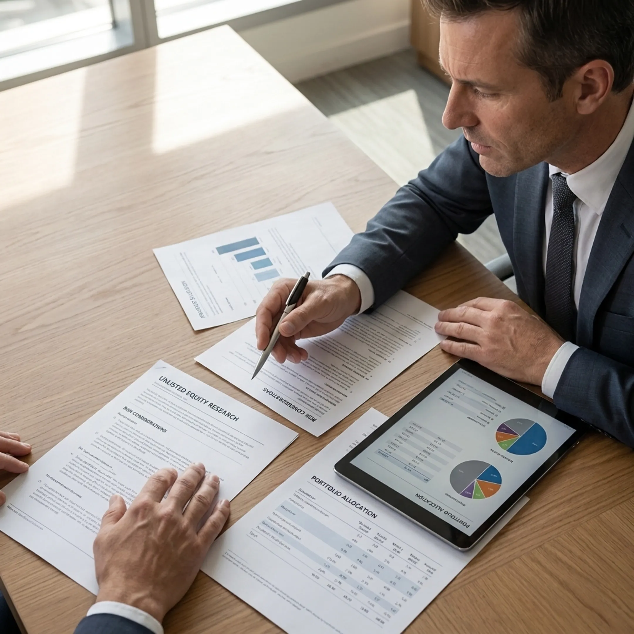 Team member explaining unlisted equity valuation and exit terms