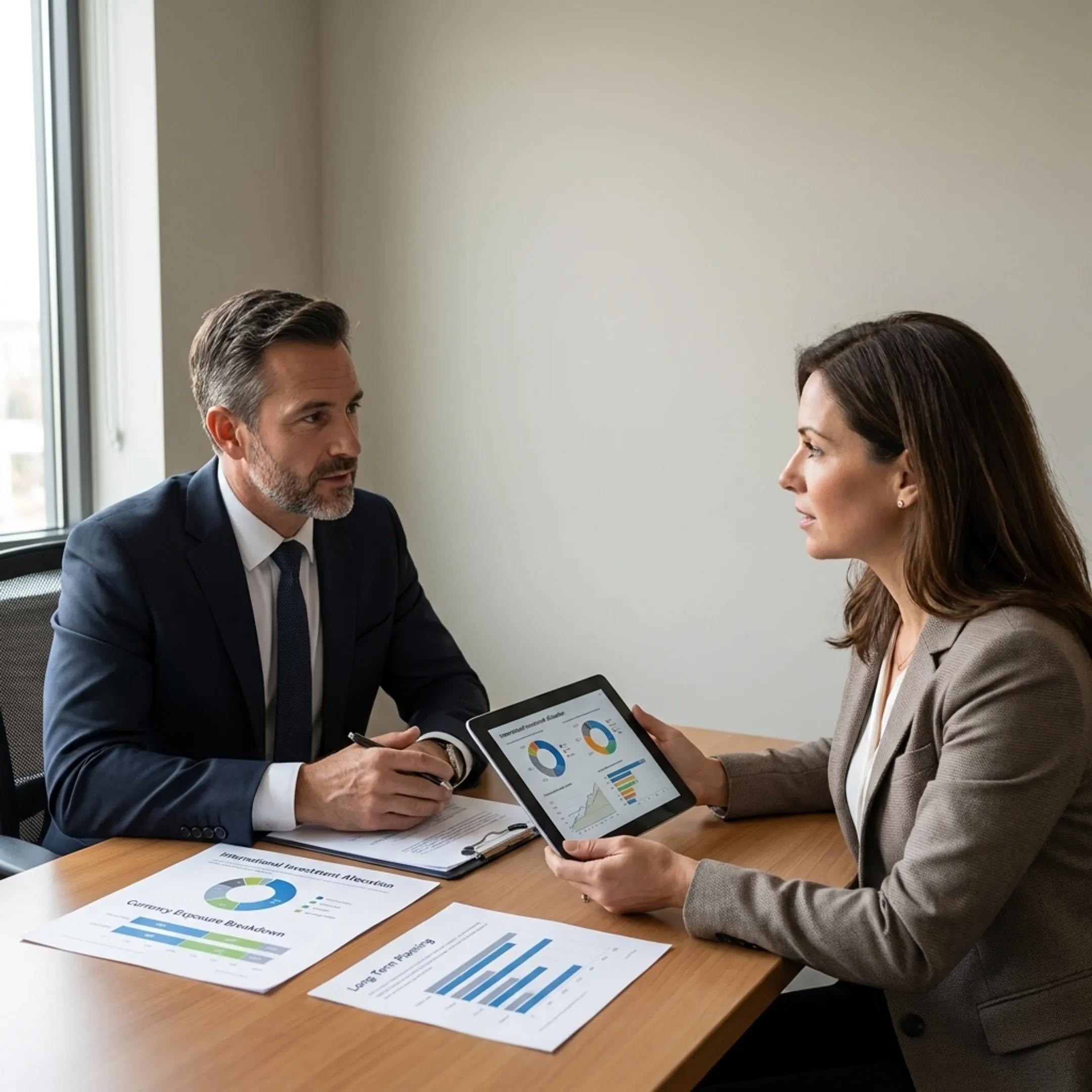 Client reviewing international portfolio documents