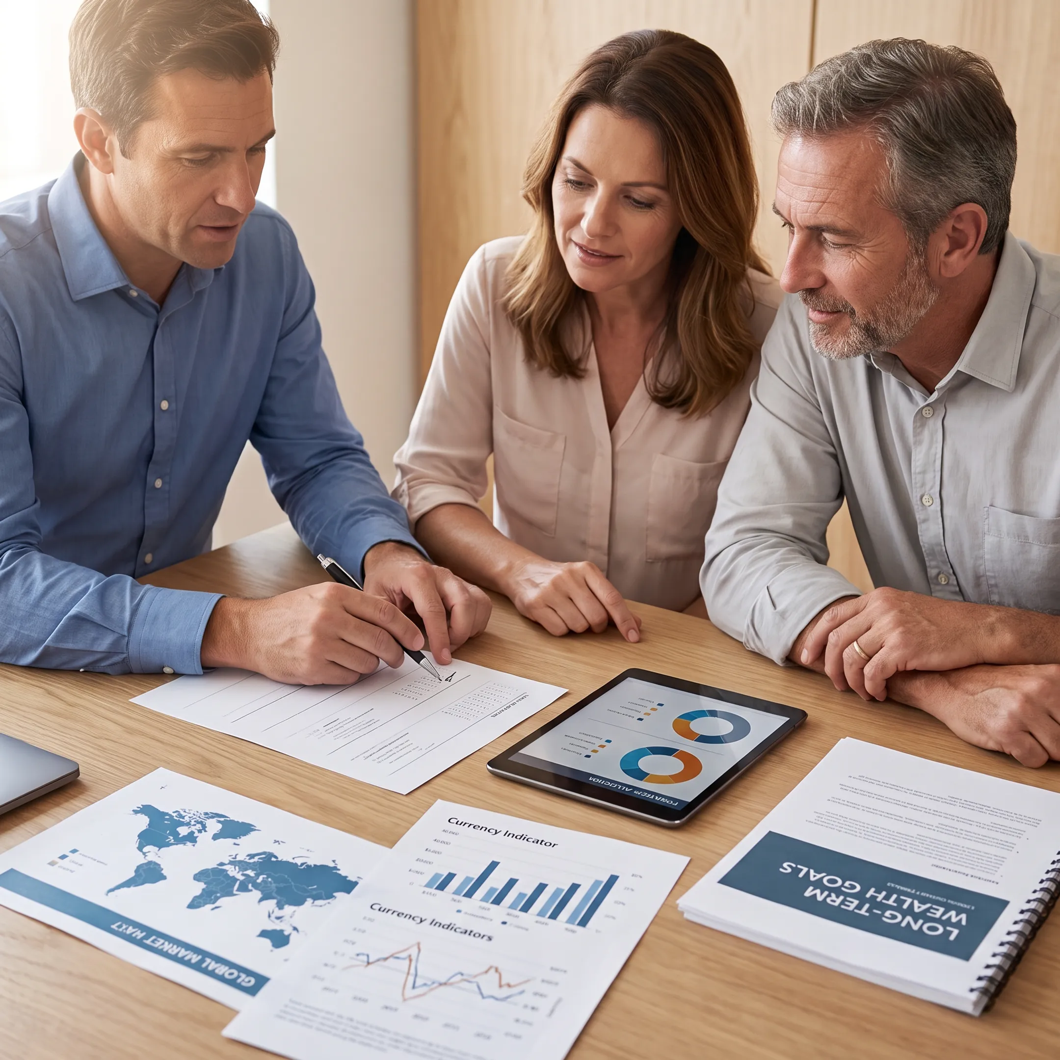 Clients reviewing a diversified global investment portfolio