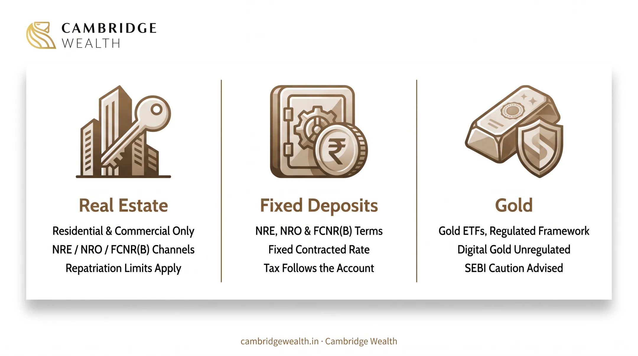 Property, deposit and gold routes for NRIs and the account channels each requires