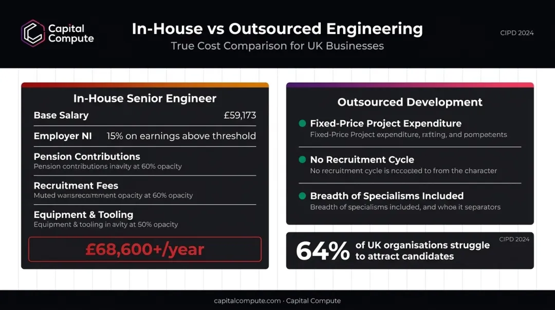 In-house hiring costs versus outsourced development total cost comparison infographic