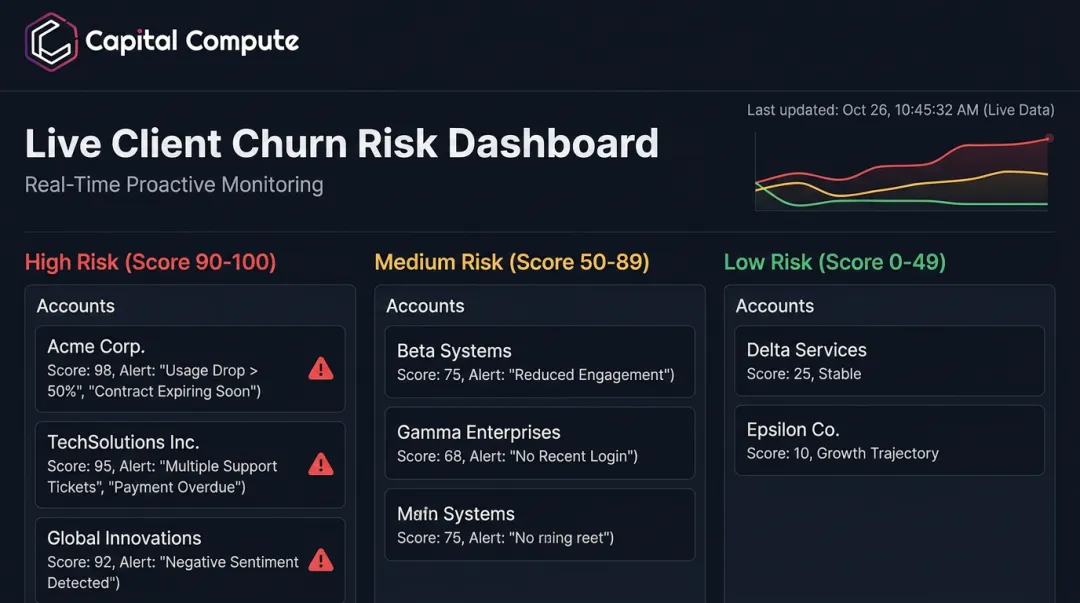 Live client churn risk dashboard displaying high medium and low risk account tiers