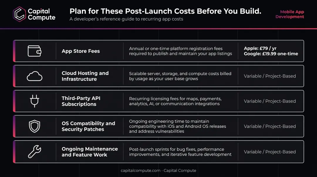 Post-launch mobile app ongoing cost categories breakdown for Australian startup budgeting
