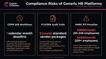 UK HR compliance penalties infographic covering GDPR SAR RTI deadlines and fines