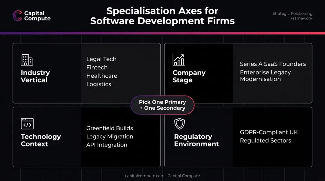 Four specialisation axes for software development firms vertical stage technology regulation