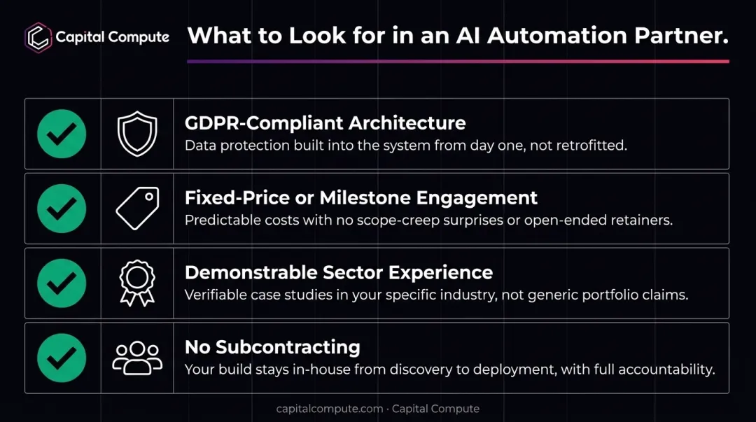 Four criteria checklist for evaluating AI automation partner providers infographic