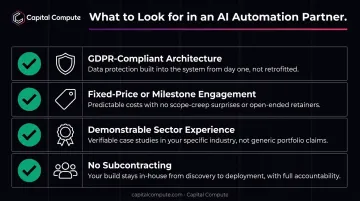 Four criteria checklist for evaluating AI automation partner providers infographic