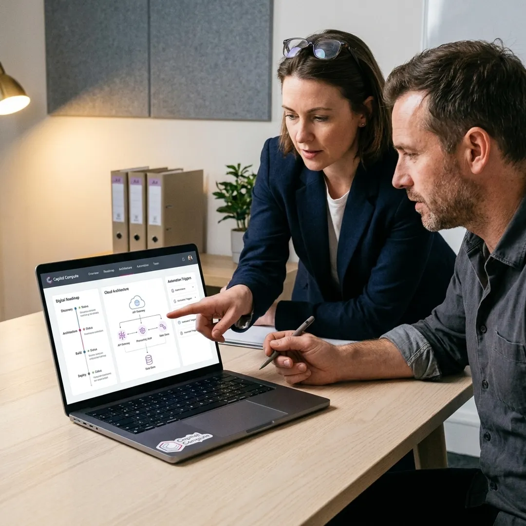 Consultants mapping digital transformation roadmap