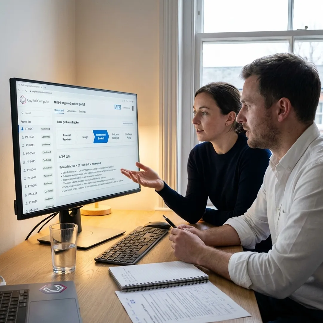 Healthcare software dashboard on developer screens