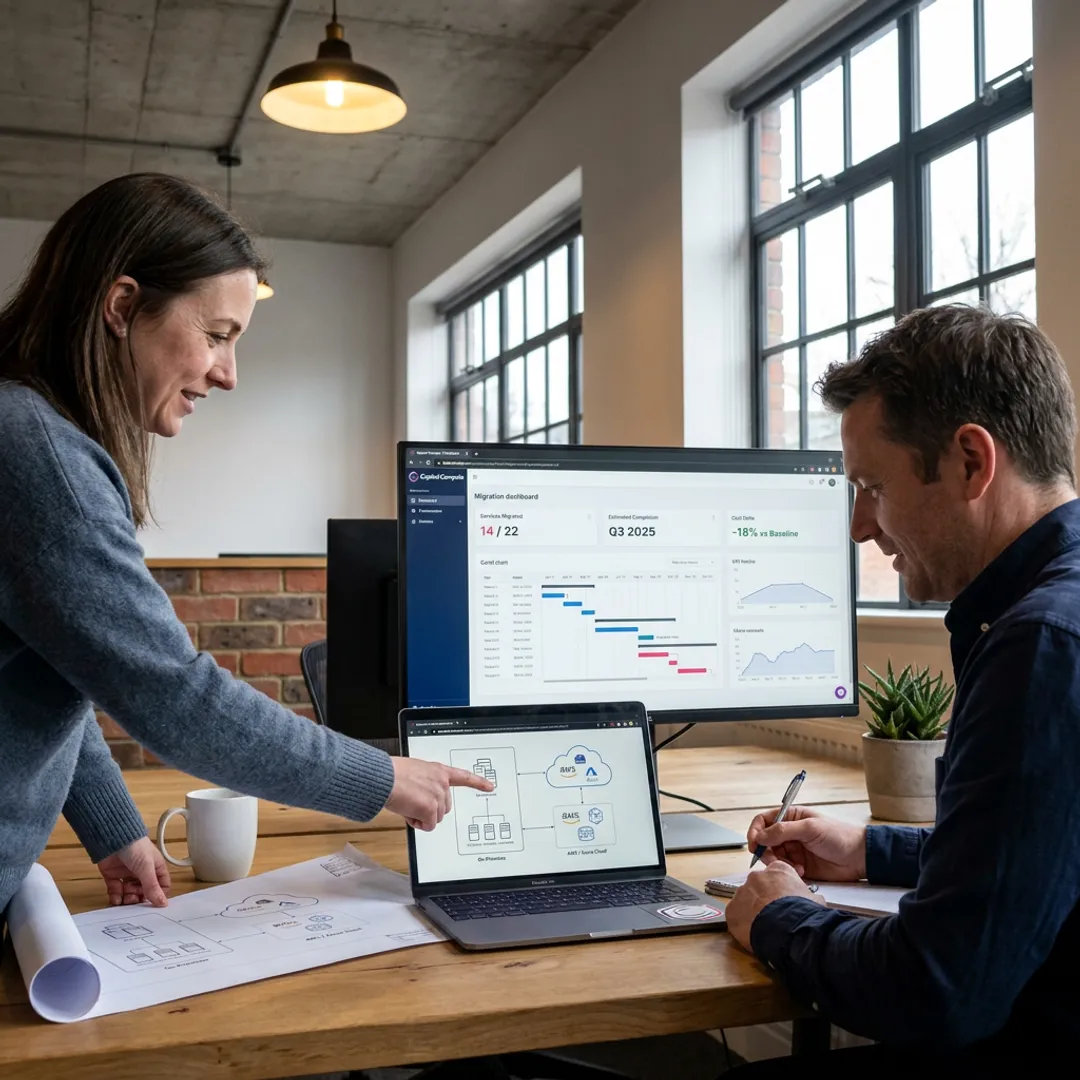 Engineers planning hybrid cloud architecture