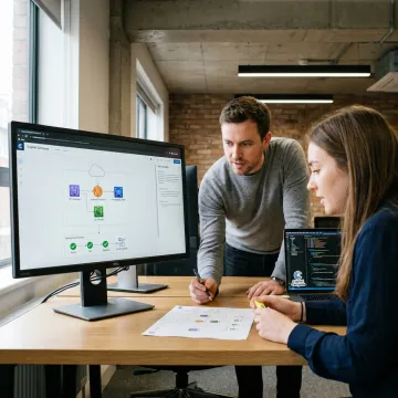 Engineers planning a cloud architecture workflow