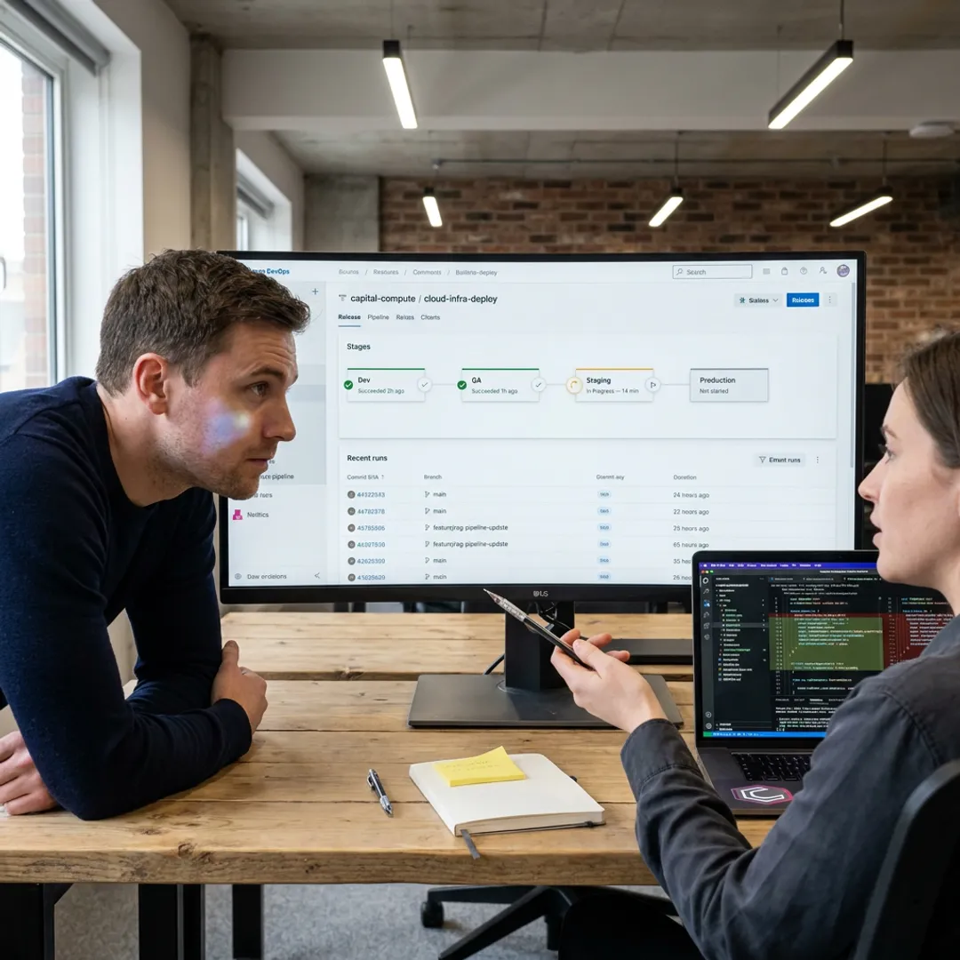 Engineers reviewing Azure DevOps pipeline workflow