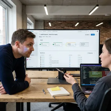 Engineers reviewing Azure DevOps pipeline workflow