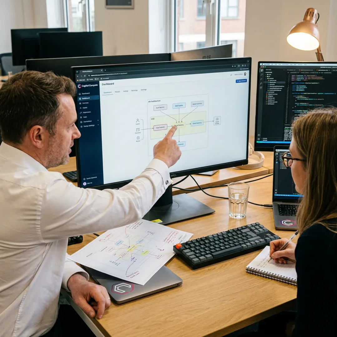 Software engineers building a custom business platform
