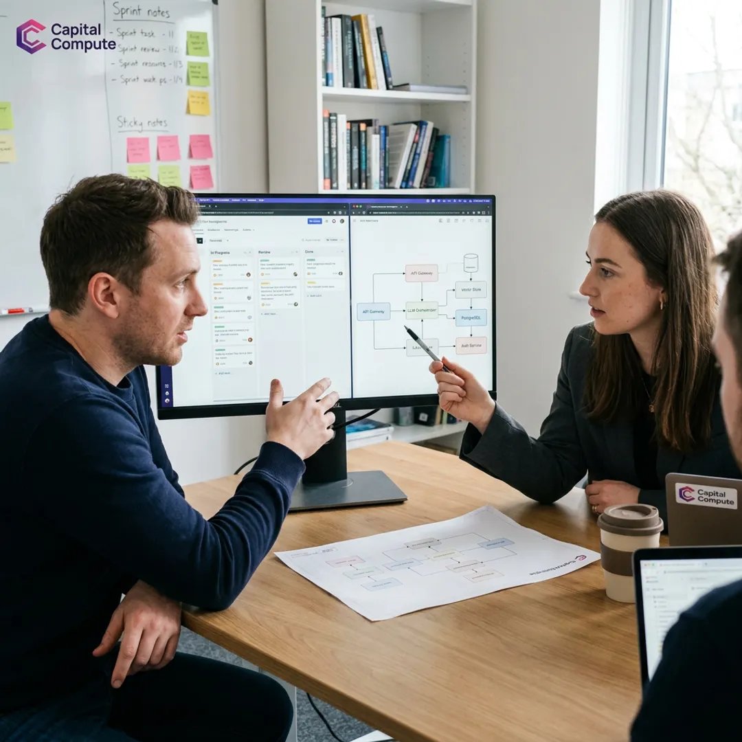 Software team reviewing sprint board and architecture diagrams