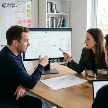 Software team reviewing sprint board and architecture diagrams