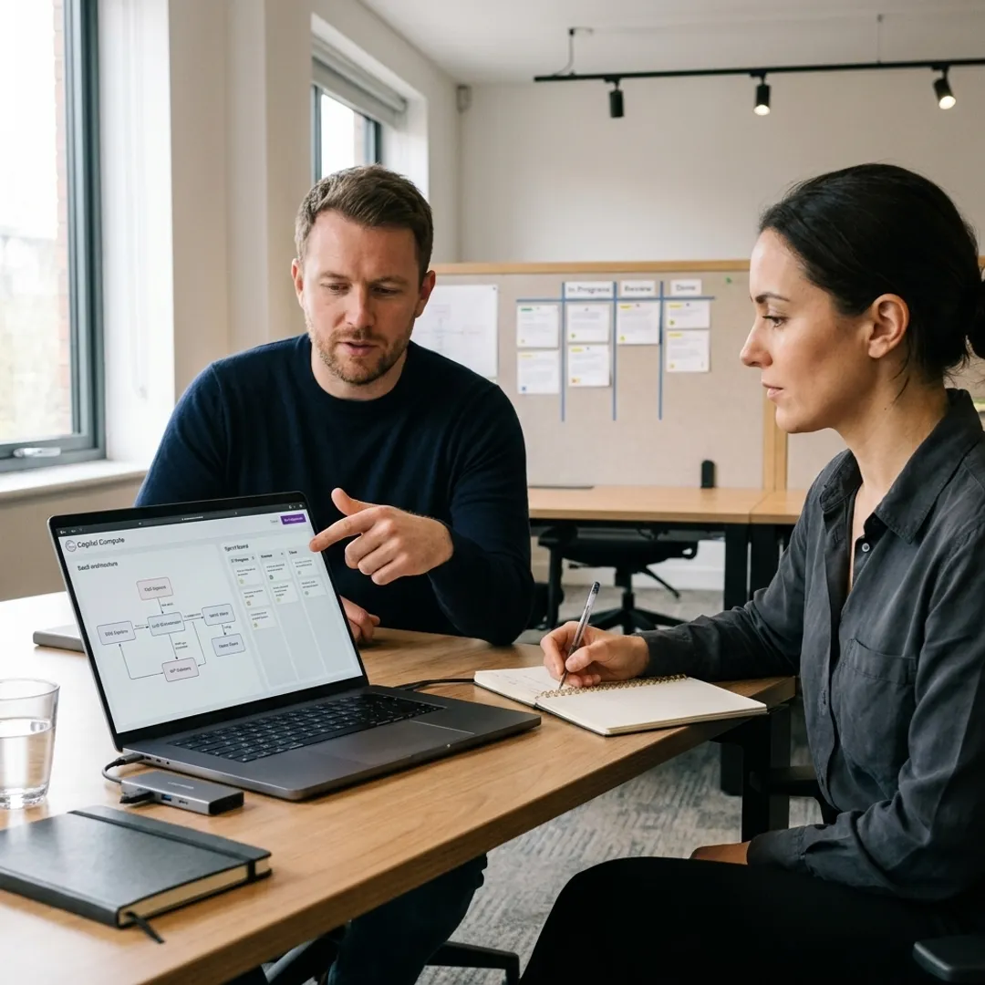 Software development team reviewing SaaS architecture