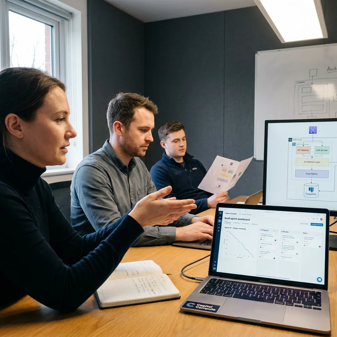 Software team reviewing development milestones