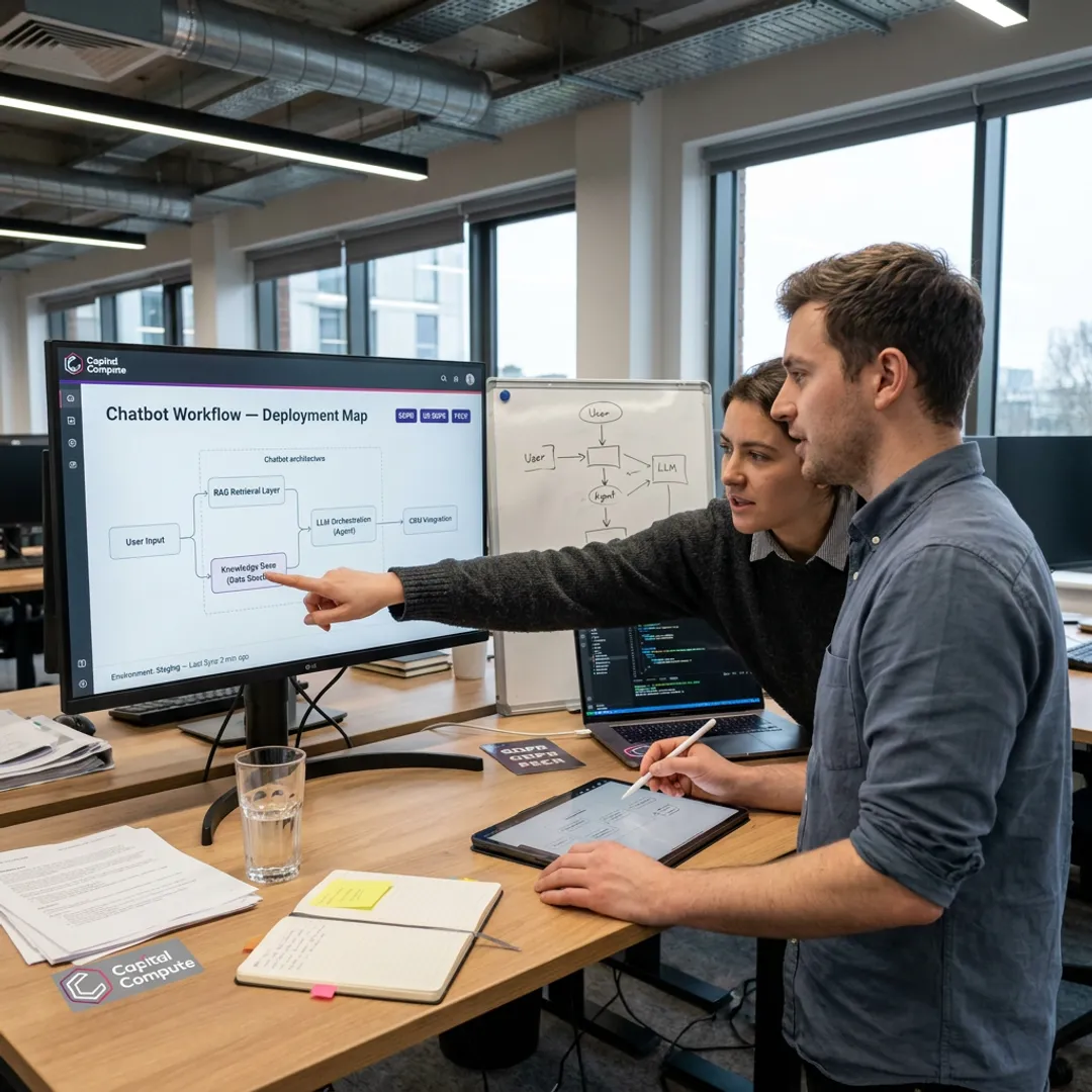 Engineers planning an AI chatbot workflow
