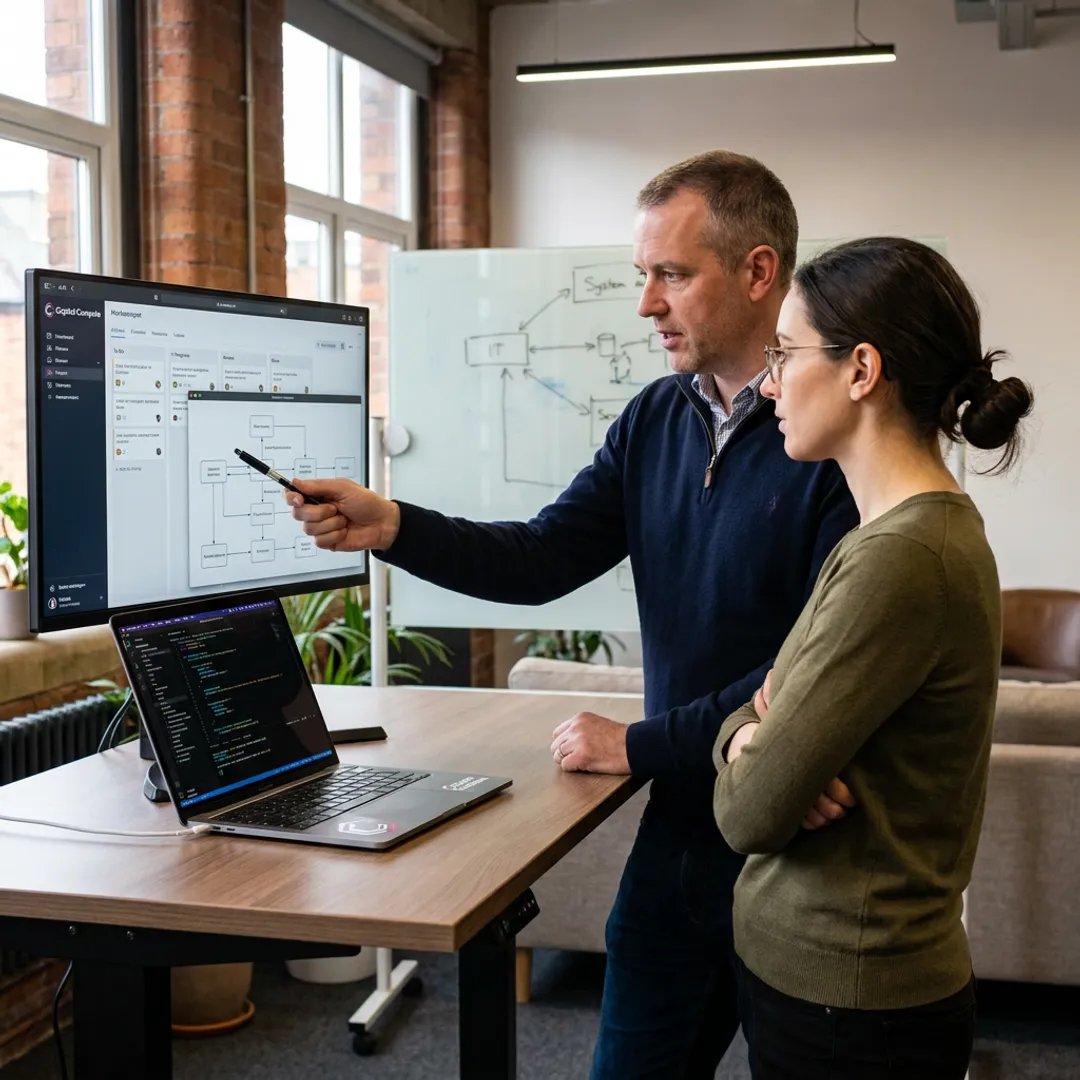 Software engineers planning a custom application workflow