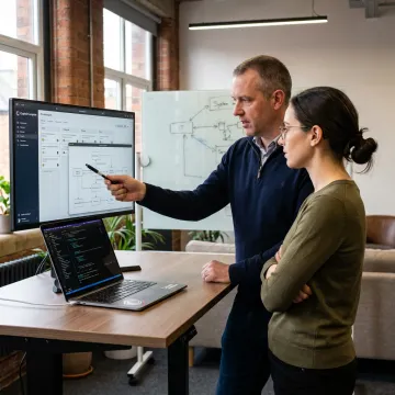 Software engineers planning a custom application workflow