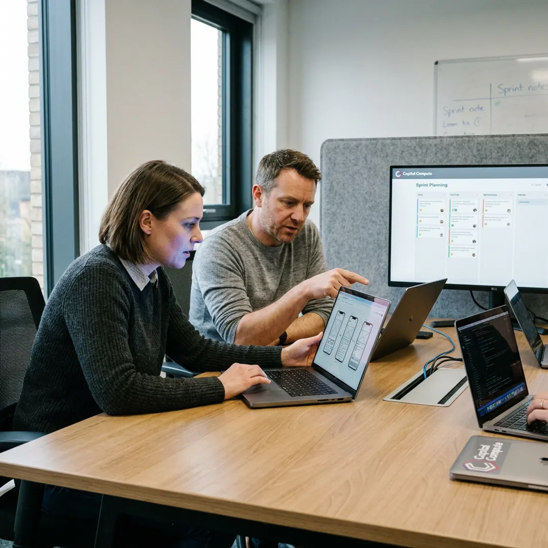 Mobile app developers reviewing app workflow