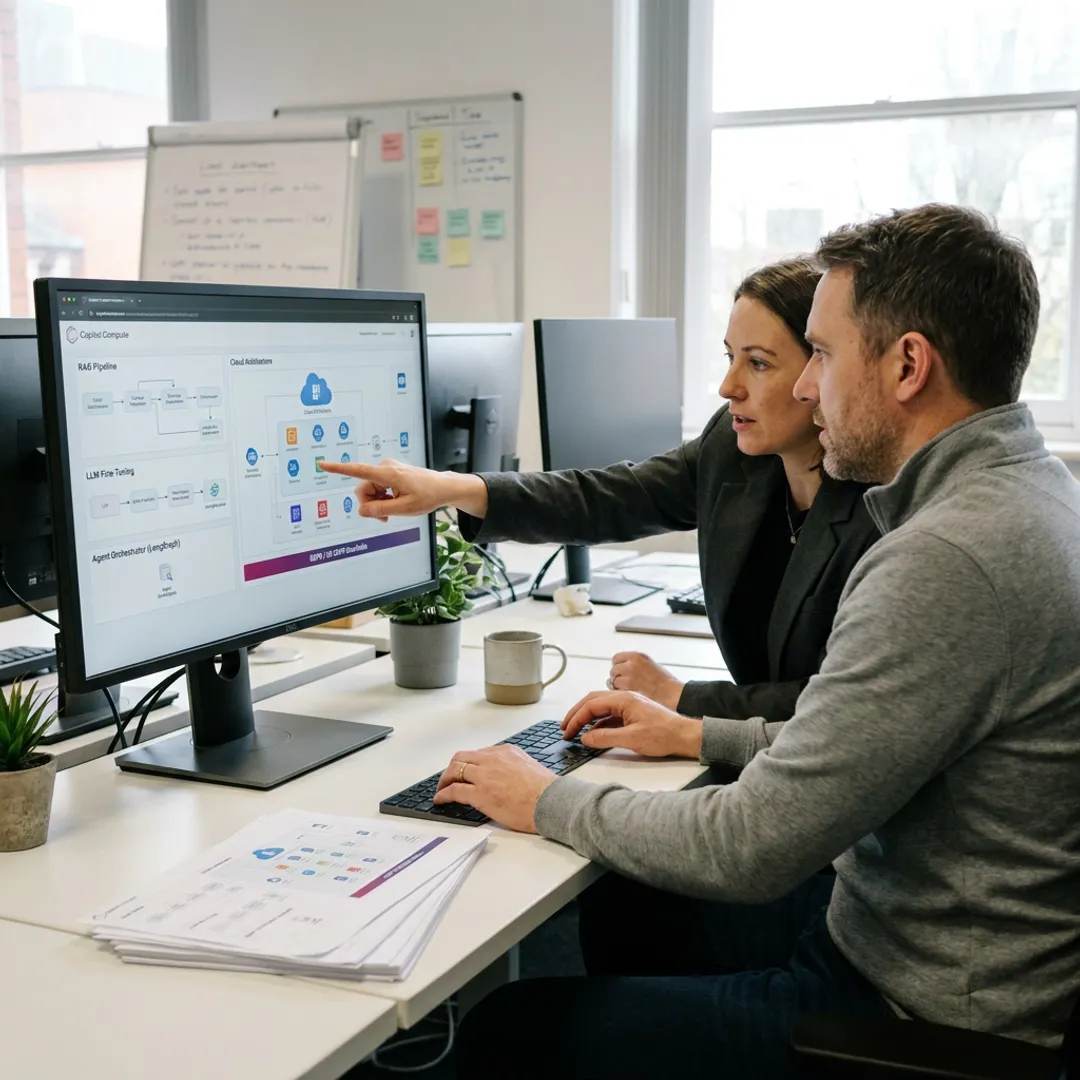 Engineers reviewing AI workflow architecture