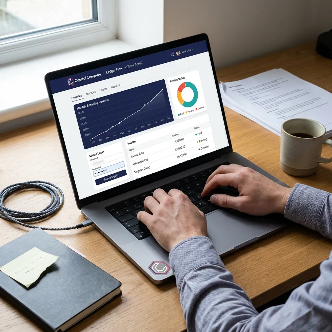 Custom accounting software dashboard on laptop