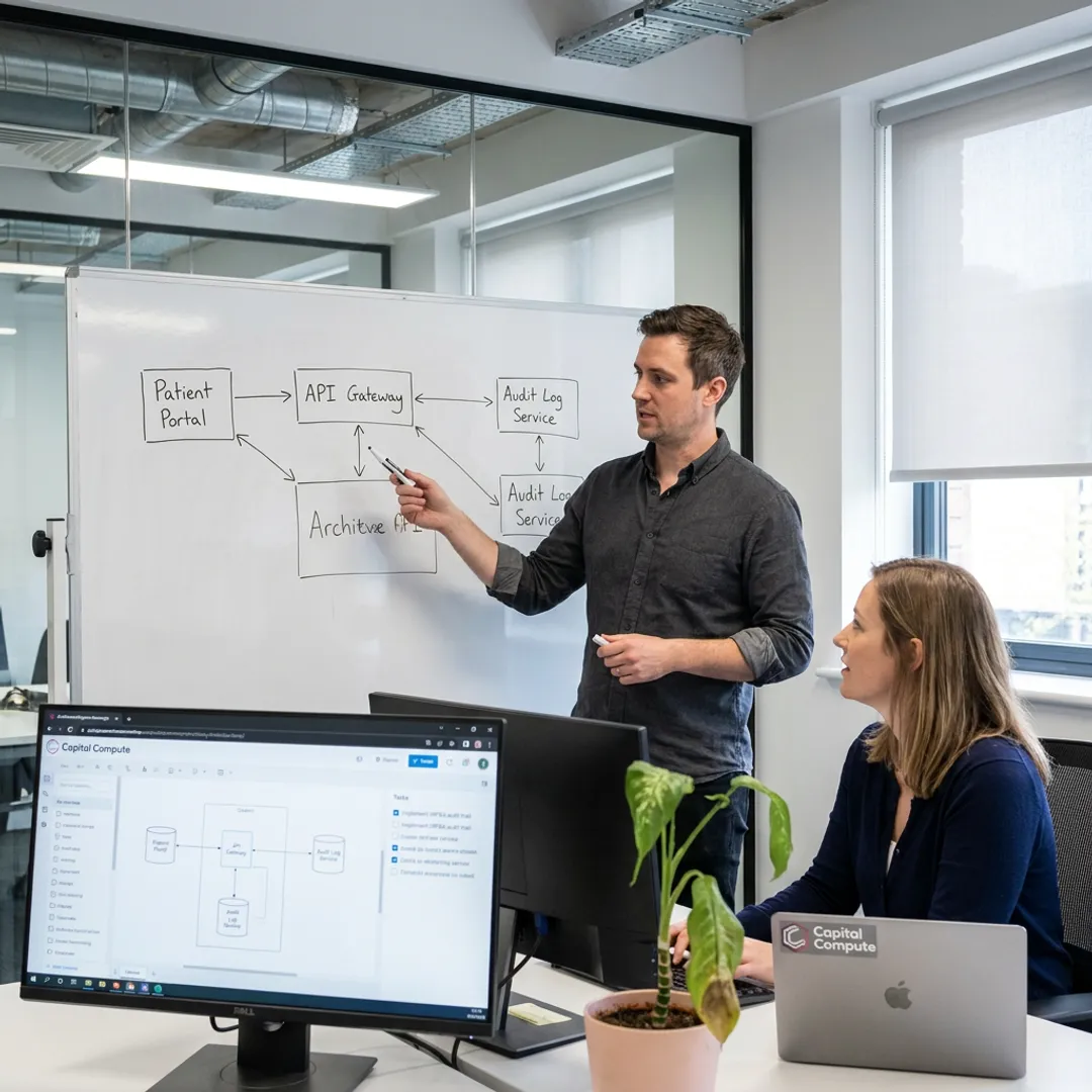 Engineers planning healthcare software workflow