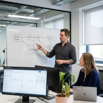 Engineers planning healthcare software workflow
