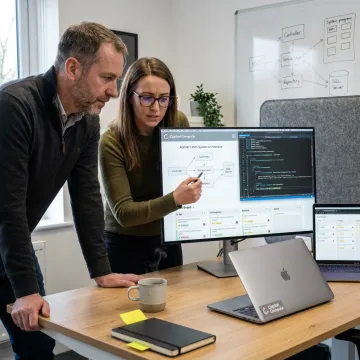 Developers reviewing ASP.NET MVC application architecture