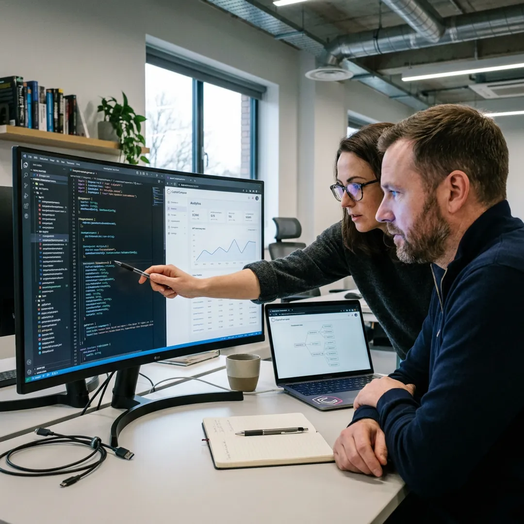 Angular developers collaborating on web application code