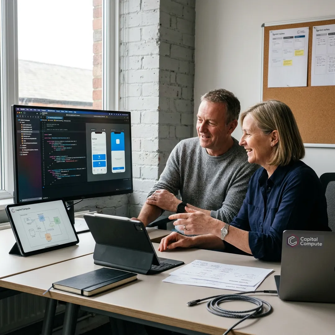 Developers reviewing Swift iOS app architecture