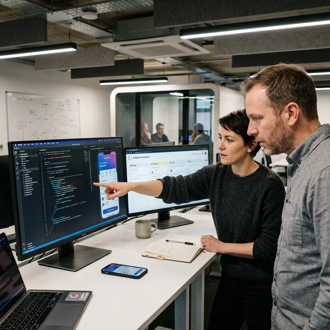 Flutter developers reviewing a cross-platform app build