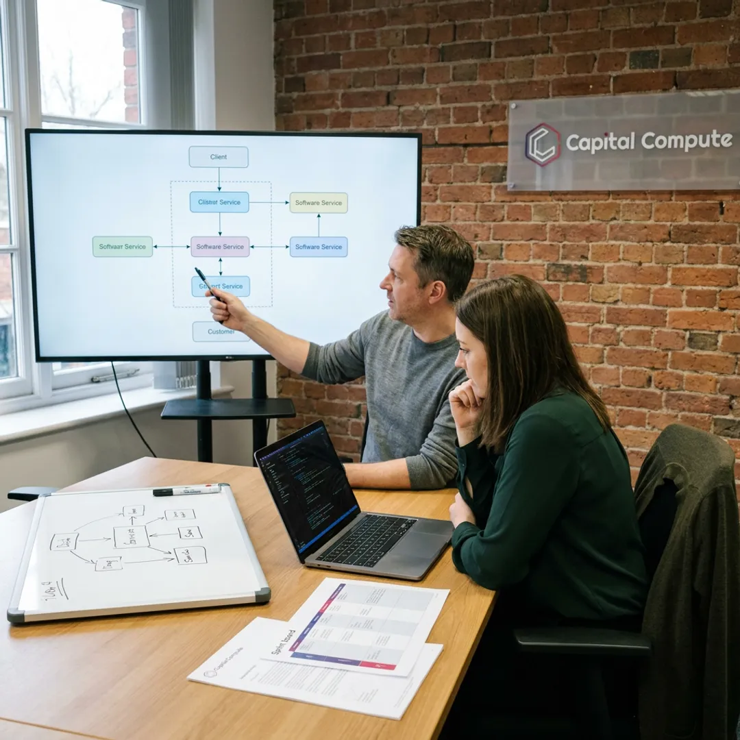 Software team reviewing project workflow