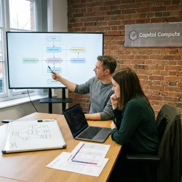 Software team reviewing project workflow