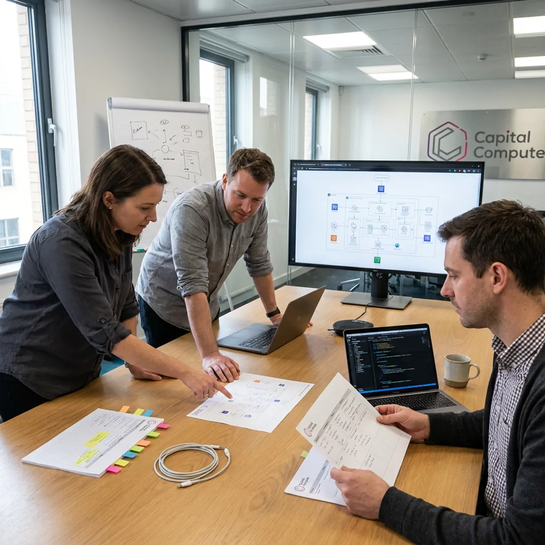 Software team reviewing project architecture
