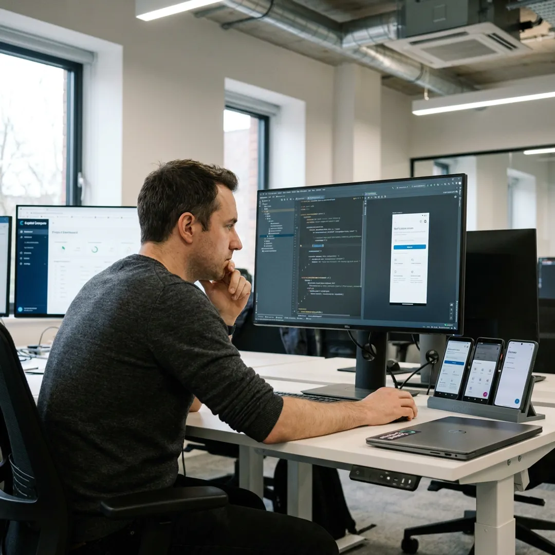 Android app developer reviewing mobile screens